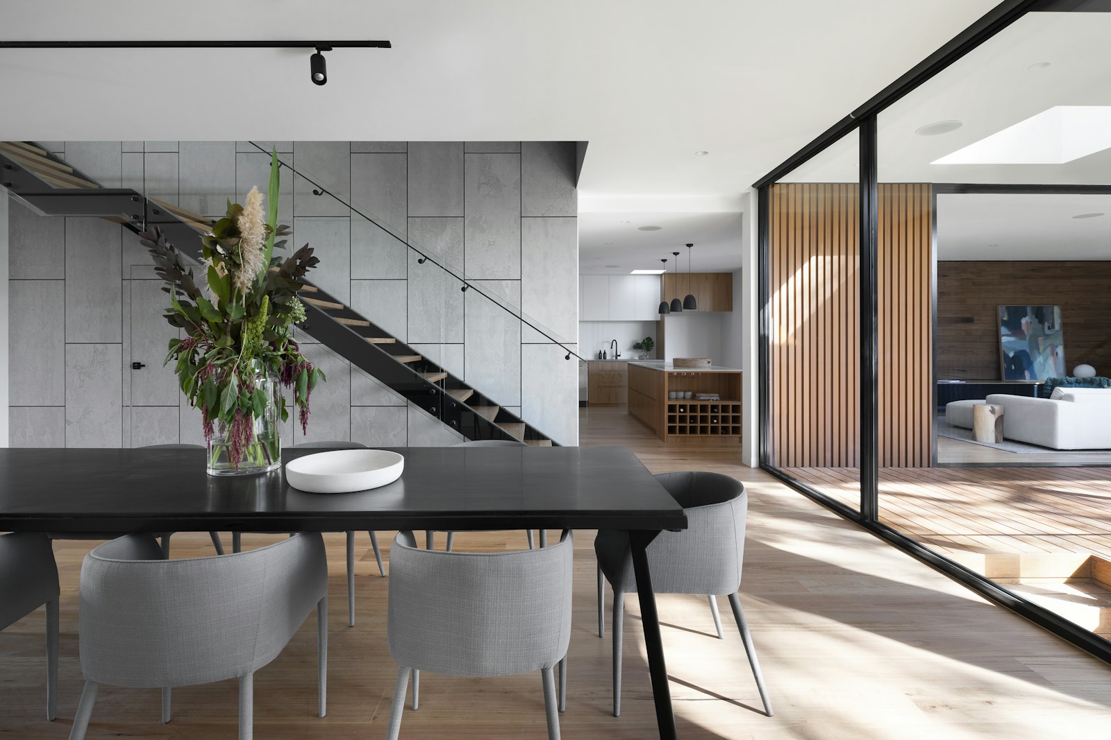 Modern residential interior with warm materials